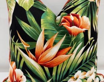 Tropical Floral Print Pillow Cover, Green Black Orange, indoor, outdoor