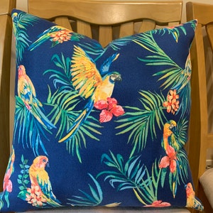Parrot theme fabric pillow covers, blue, green, yellow pillow covers, multicolored pillow cover, indoor outdoor fabric, ready to ship,  zips
