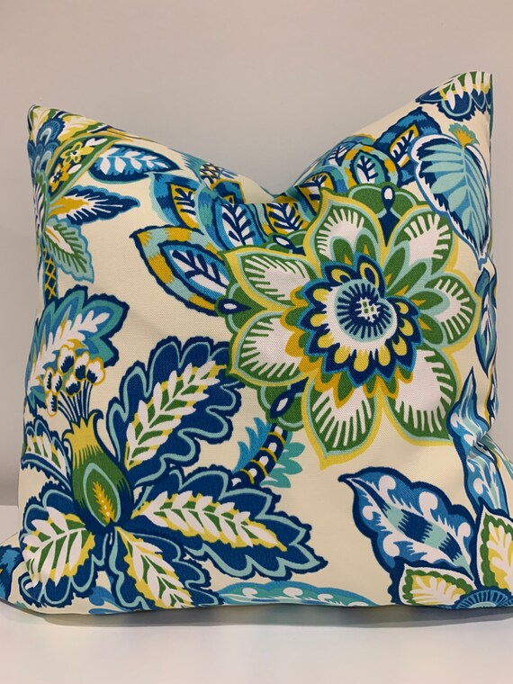 Blue Green Yellow Turquoise Floral Pillow Cover Indoor Outdoor Pillow Covers 18x18 Handmade in USA Ready to Ship Beige White Zips Etsy