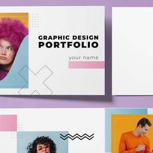 May include: A graphic design portfolio cover with a pink and blue geometric design. The cover features a woman with pink hair and the text "GRAPHIC DESIGN PORTFOLIO" and "your name".