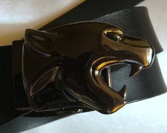 Black Leather Belt S Wide Waist Silver Panther Jaguar Tiger Animal Emblem VTG Panther Cheetah Leather Belt Black 3.5 Cm With Automatic  main image 2