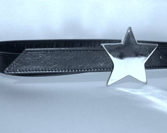 Leather belt belt of Black 2, 5 cm, with star buckle jewelry clasp 6 cm x 6, 5 cm silver polished unisex