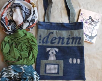 Denim Tote Bag “I Love Denim”, Denim Bag, Jeans Bag, Jeans Tote Bag, Upcycled Denim Bag, Shopping Bag, Handmade Bag