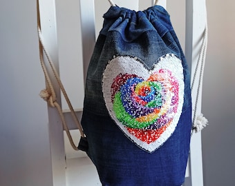 Denim Jeans Pailletten Festival Rucksack, Denim Rucksack, Jeansrucksack, Denim Tasche, Tasche für Kinder, Rucksack für Frauen, Rucksack Denim, Festival
