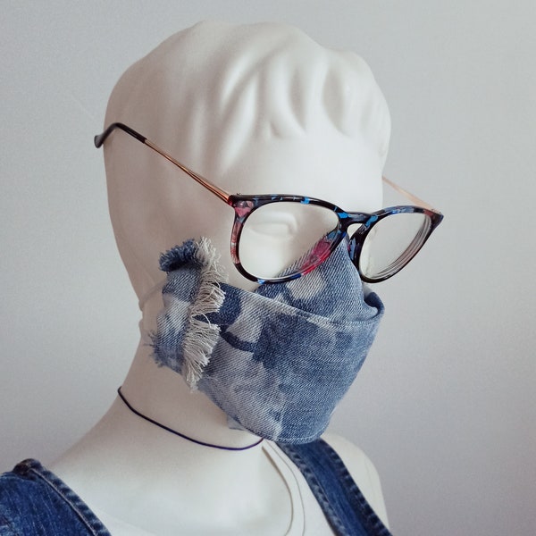 Face Mask for Glasses Wearers, Shibori Denim Face Mask, Bleached Denim Face Mask, Reusable Denim Face Mask, Washable Face Mask, Face Mask