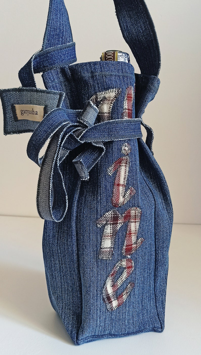 Denim Wine Tote Bag, Denim Bag, Wine Gift Bag, Jeans Wine Bag, Upcycled