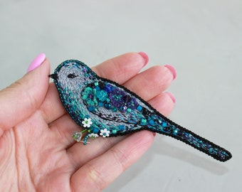 Summer turquoise brooch bird Embroidered gray brooch with flowers Hand made beadwork brooch Woman gift brooch Crystal brooch anniversary