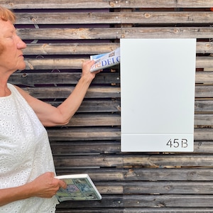 Large locking wall mounted mailbox as moving away gift, Custom house numbers on white postbox