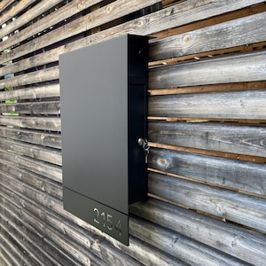 Modern Black Steel Mailbox with House Numbers - Large Wall Mounted Locking Mailbox