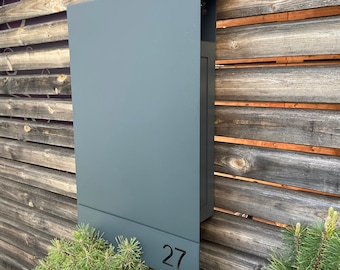 Personalized wall mounted mailbox, Modern large mailbox with lock, Gray powder coated mailbox post, Housewarming gift for new home