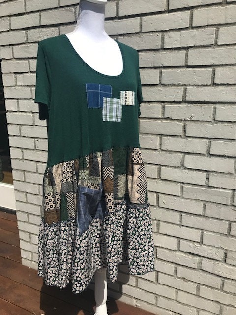 The Ada Upcycled Tunic: Forest Green Patchwork Boho Chic - Etsy