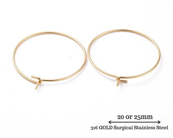 316SS Gold 20/50/100 pcs - 20 or 25mm Hoop Earrings Wine Glass Charm , Surgical Steel 21 gauge