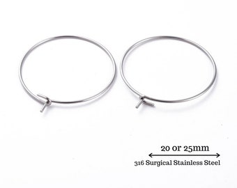 316SS 20/50/100 pcs - 20 or 25mm Hoop Earrings Wine Glass Charm , Surgical Steel 21 gauge