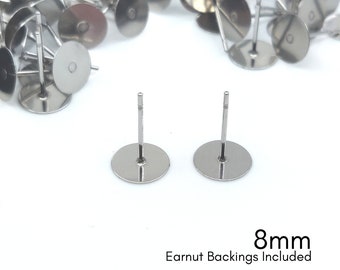 50/100/200pcs - 8mm Pad - 304 Stainless Steel Posts plus Earnuts (backings) included - Hypo Allergenic