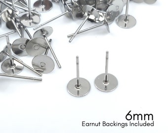 50/100/200pcs - 6mm Pad - 304 Stainless Steel Posts plus Earnuts (backings) included - Hypo Allergenic