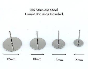 316 SS 100pcs - 6/8/10/12mm Pad - plus Earnuts (backings) included -  Hypo Allergenic 316 Surgical Stainless Steel Posts