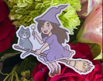 Cute Witch with Gray Cat Sticker | Gray Cat in Pumpkin |  Witch Magical Girl Sticker |  Cute Gray Cat Sticker