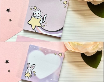 Cute, Kawaii, Adorable Kitty Cat Bunny Memo Pad | Pocket Notepad 50 Sheets 3 x 3 Memo Pad Stationary | Animal Cat Memo Pad, Cute To-do List