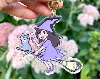 Cute Witch with Gray Cat Acrylic Charm Keychain | Cute Kawaii Little Witch Magical Girl Charm Keychain