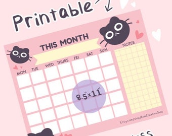 Adorable, Cute Black Cat Printable Calendar Dateless |  Bullet Journal Calendar Printable 8.5 x 11   |  Digital Calendar Kawaii Pastel
