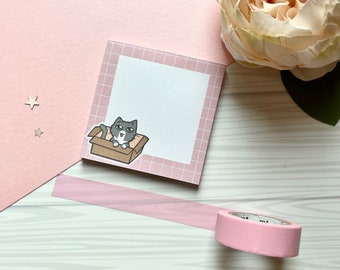 Kawaii Cute Gray Kitty Cat, Gray Tuxedo Cat Memo Pad Pastel Theme  | Kawaii Neko |  Memo Pad, Pocket Notepad  50 Sheets 3 x 3