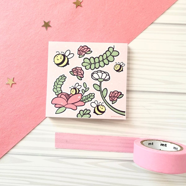 Kawaii Cute Bumble Bee Sticky Adhesive Notes | Memo Pad, Pocket Notepad 50 Sheets 3 x 3 | Kawaii Stationery Message Sticky Note  | Bee Lover