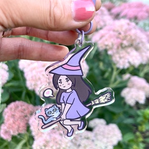 Chibi Cute Witch with Gray Cat Acrylic Charm Keychain | Cute Kawaii Little Witch Magical Girl Charm Keychain