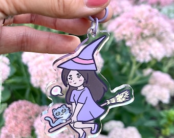 Chibi Cute Witch with Gray Cat Acrylic Charm Keychain | Cute Kawaii Little Witch Magical Girl Charm Keychain