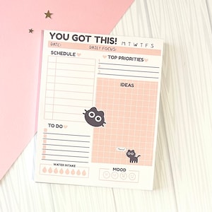 Homemade Adorable Cute Kawaii Black Cat Pink Notepad Memo Pad  | Cute Kitty Black Cat  | 50 Memo Sheets 6.25"x5"