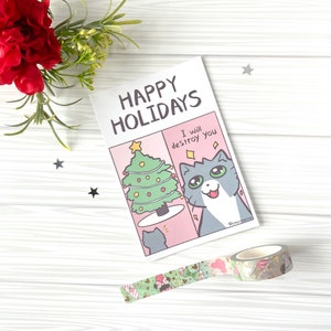 Cartes postales de vacances de chat idiot mignon | Carte postale de Noël | Ensemble de Noël Joyeuses Fêtes | Cartes postales pour les fêtes Webcomic de chat drôle et idiot