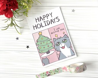 Cute Silly Cat Holiday Postcards | Christmas Postcard  | Happy Holidays Christmas Set  | Silly Funny Cat  Webcomic Holiday Postcards