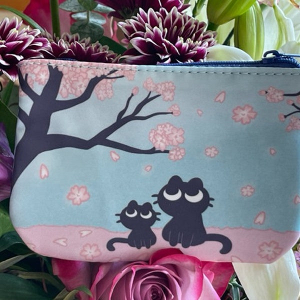 Kawaii Cute Black Cats Zipper Coin Purse | Adorable Cherry Blossom Coin Purse