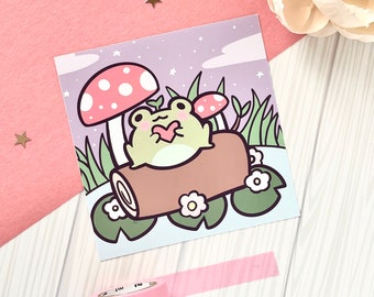 Cute Adorable Frog on Log Art Print |  Kawaii Wall Art Print |  Frog Sitting |  Midnight Theme