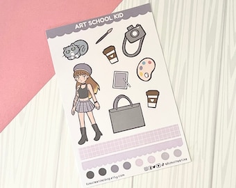 Adorable Cute Kawaii Art School Kid Sticker Sheet  |  Washi Strips & Dot Stickers |  Planner Stickers Bujo