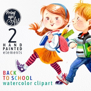 SCHOOL clipart, kids watercolor clipart, boy and girl,back to school clipart,illustration,instant download,school supplies, backpack, kids