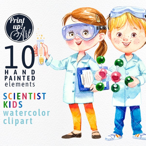 SCIENCE clipart watercolor, SCIENTIST KIDS clipart, boy and girl, science kids,school clipart,lab coats, chemistry,lab goggles, stock