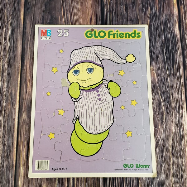 Vintage Glo Worm Friends 14.5" x 11.5" cardboard puzzle 1985 Hasbro Milton Bradley