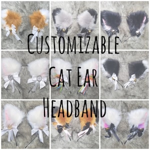 Custom Cat/Fox Faux Fur Ears - Choose base, ear hair, bow, bells/buttons and ribbons to create your own headband-