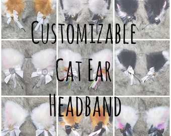 May include: A set of customizable cat ear headbands with different colors and styles of fur. The headbands feature bows and bells.  The text "CUSTOMIZABLE CAT EAR HEADBAND" is displayed in the center of the image.