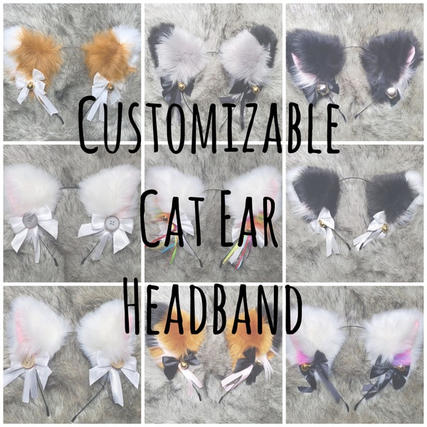 Custom Cat/Fox Faux Fur Ears - Choose base, ear hair, bow, bells/buttons and ribbons to create your own headband-