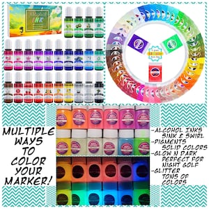 May include: A set of 53 alcohol inks in various colors, including glow-in-the-dark shades. The inks are packaged in small bottles and come with a label that says "Alcohol Ink". The image also shows a variety of pigments in small bags, and a sign that says "Multiple Ways to Color Your Marker!"