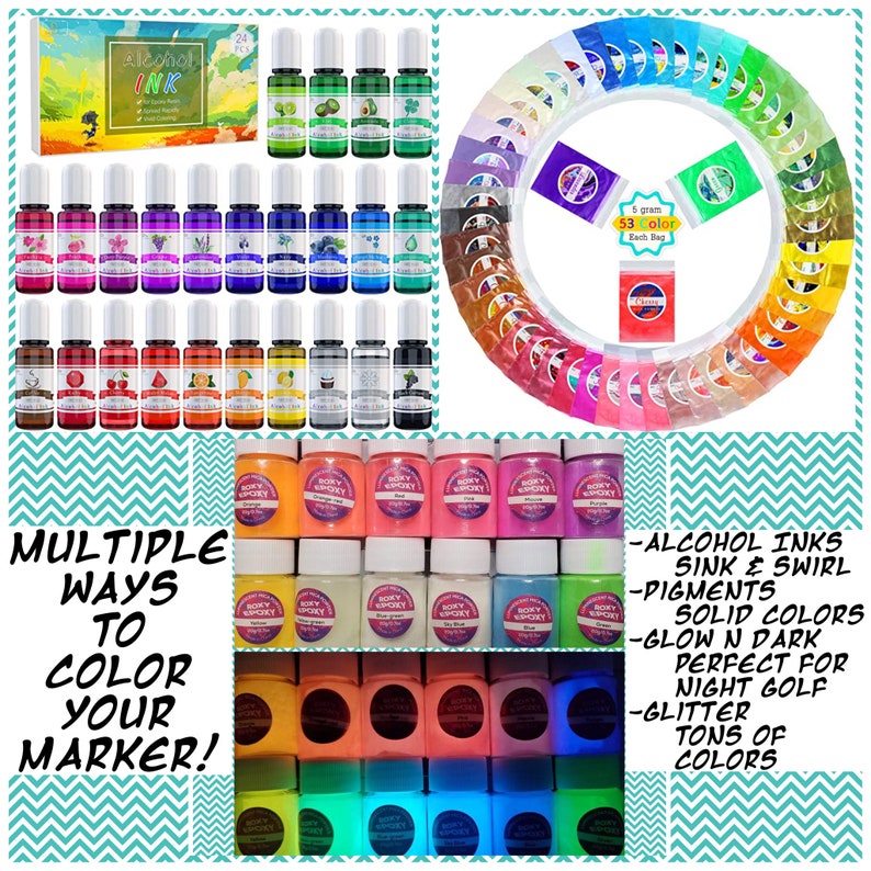 May include: A set of 53 alcohol inks in various colors, including glow-in-the-dark shades. The inks are packaged in small bottles and come with a label that says "Alcohol Ink". The image also shows a variety of pigments in small bags, and a sign that says "Multiple Ways to Color Your Marker!"