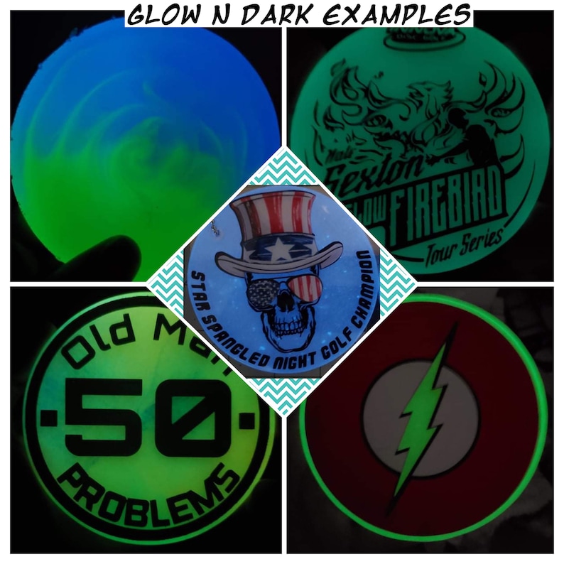 May include: A collage of five glow-in-the-dark disc golf discs. The discs feature various designs, including a skull with sunglasses, a lightning bolt, a firebird, and a design with the text "Old Man 50 Problems".