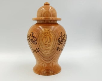 Chinese inspired lidded vase decorated with two Dragons.  Ash vase. Lidded vase chinese pottery inspired wooden vase