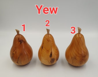 Hand turned pear, handmade pear. Wooden pear. Sustainably sourced timber. cherry, ash, Yew mahogany. Decorative. Ornamental. Wooden fruit