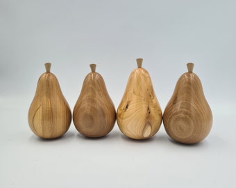 Hand turned pear, handmade pear. Wooden pear. Sustainably sourced timber. cherry, ash, Yew mahogany. Decorative. Ornamental. Wooden fruit