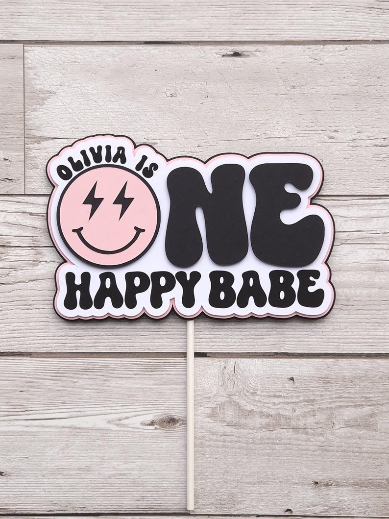 Pink One Happy Babe Cake Topper: Retro Groovy Checkered Smiley Face ...