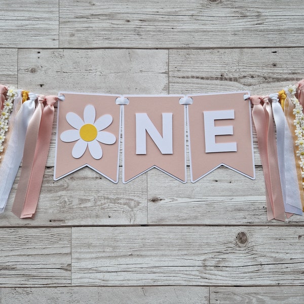 Daisy 1st birthday high chair banner, daisy theme birthday party decor, retro boho groovy daisy first birthday one banner