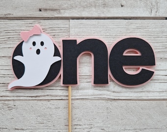 Topo de Bolo Assustador: Primeiro Aniversário com Tema de Halloween, Fantasma Rosa