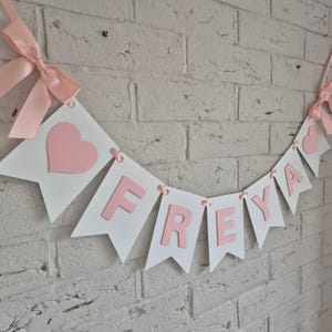 Pink and white name bunting banner - 1st birthday girl birthday decorations